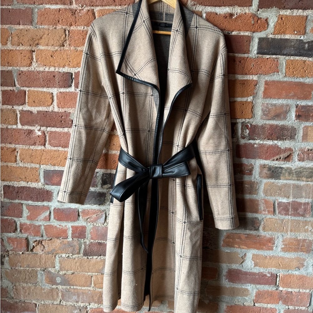 Tahari Camel Wrap Coat with Leather Trim